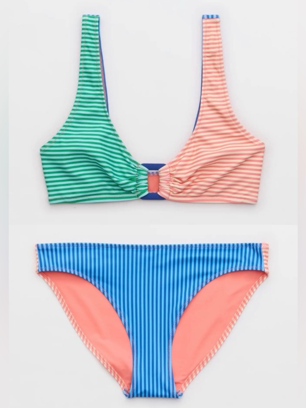 NWT Aerie FULL SET Ring Wide Strap Scoop Top + Full Coverage Bottom Colorblock L